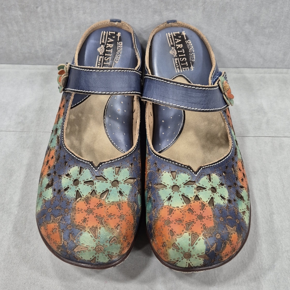 Spring Step Blue Multi Floral Leather Mary Jane Clog Mules - Picture 3 of 14